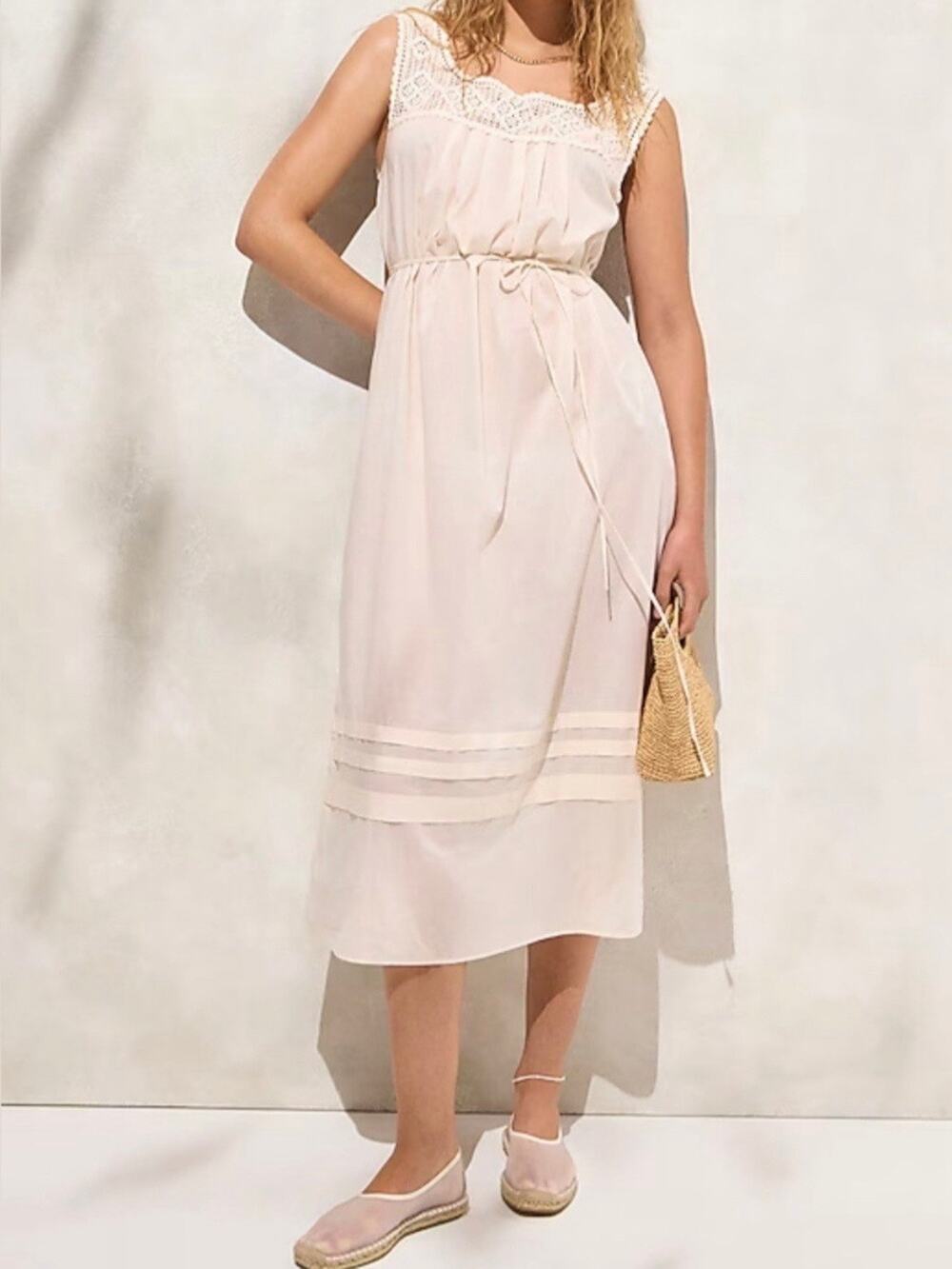 J. Crew Crochet Trim Dress Cream Off White L C1285